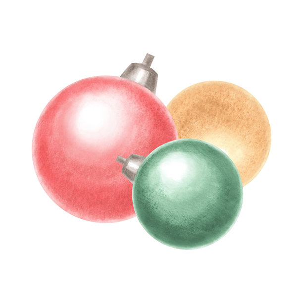 圣诞树五彩球手绘水彩插画，用于新年设计。传统的节日装饰发光灯泡。冬季假日剪贴画，孤立用于明信片、贴纸、印刷品。图片下载