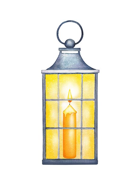 手绘的蓝色发光灯笼，内部有蜡烛。水彩插画。图片下载