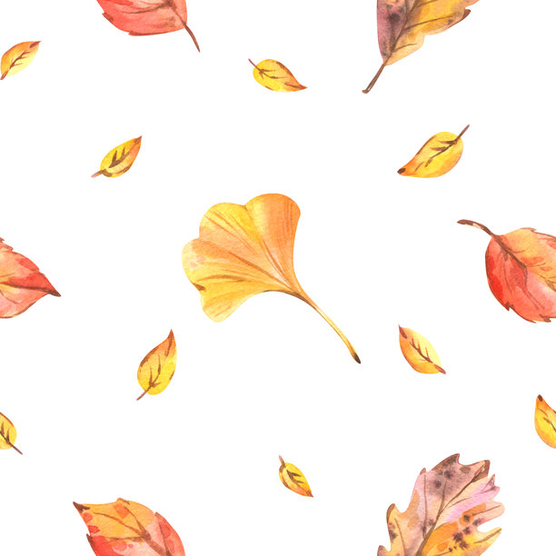温暖的无缝图案，以橙色和黄色的银杏叶和秋叶为特色，采用手绘水彩插画风格，适用于织物、包装和季节性数字项目。图片下载