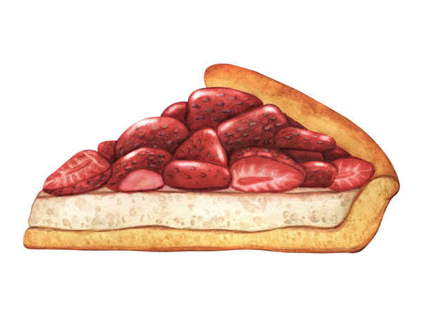 草莓派切片。草莓甜点水彩插画，孤立。手工绘制的草莓芝士蛋糕。新鲜草莓的美味蛋糕切片。水果蛋糕块。图片下载