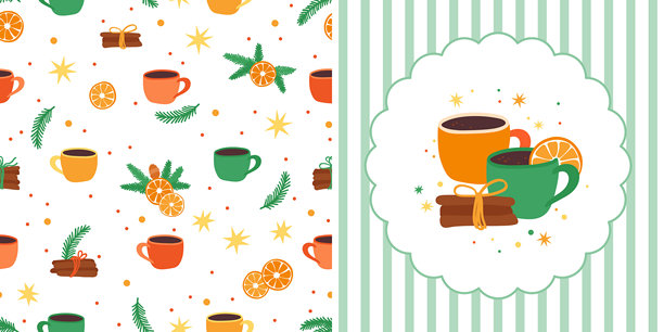 可爱的明亮马克杯无缝图案和卡片设计。手绘纹理，背景为白色，饰有圣诞树枝、橙子片、咖啡杯和茶杯。图片下载