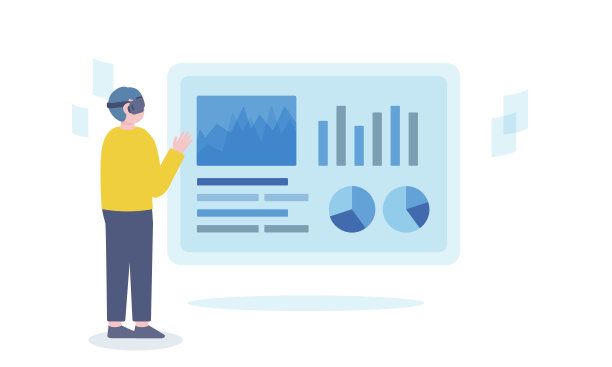 男子佩戴AR眼镜操作数字仪表盘界面的插画图片下载