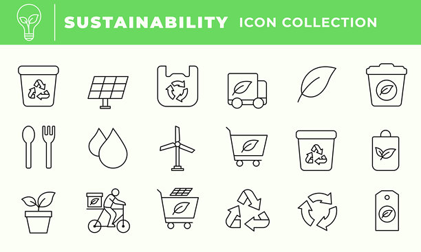 插画线条图标合集，描绘可持续性概念，如回收、可再生能源、生态交通和绿色生活，极简轮廓矢量设计，用于环保意识宣传图片下载