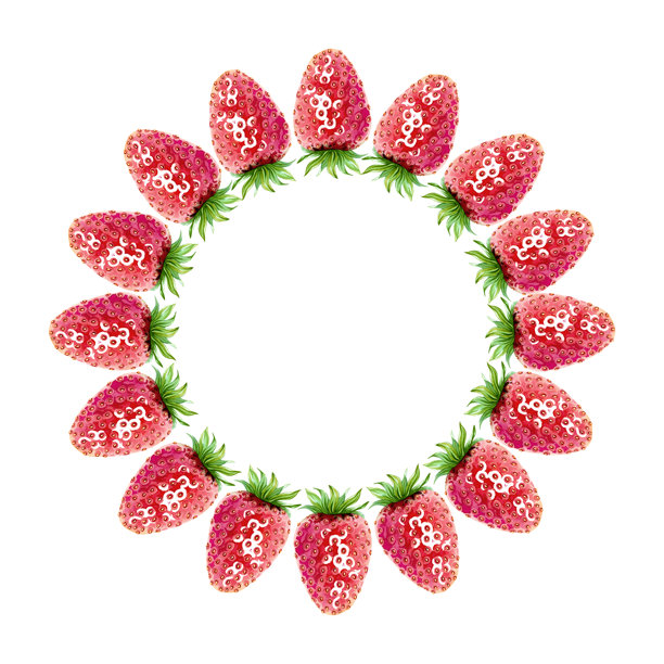 红草莓的圆形框架。多汁的夏日浆果花环。手绘水彩插画。用于化妆品、水果零食、果酱、糖果、口香糖、菜单设计的复制空间模板。图片下载