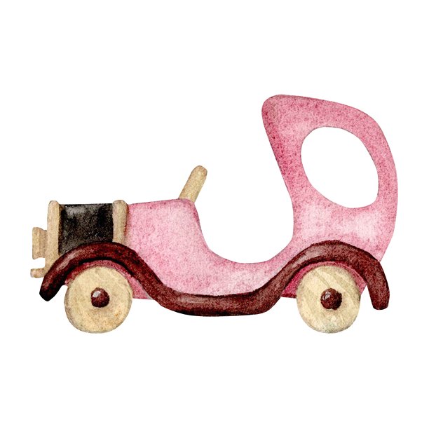 这辆车是一个木制玩具，用彩色水彩手绘而成，背景为纯白色。它适合用于创作插画、风景画、儿童插画、明信片、礼品包装等。图片下载