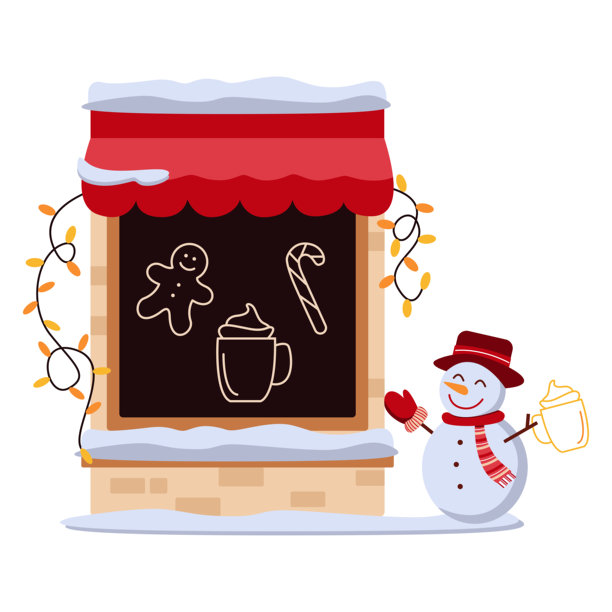 圣诞集市。一家红顶咖啡馆，窗户上装饰着咖啡、姜饼和拐杖糖的图片。挂着彩灯的灯串，以及一位戴着帽子和围巾、拿着可可的雪人。图片下载