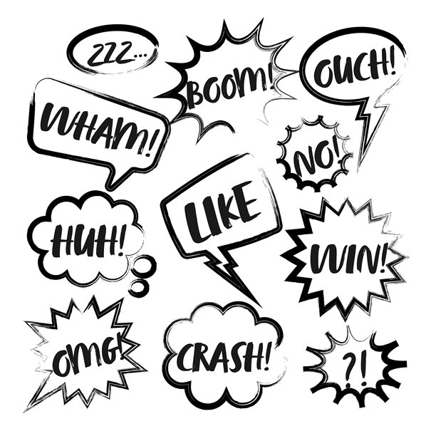 复古漫画风格的聊天气泡，带有手写文字、笔刷痕迹、墨迹污渍、丙烯颜料污点或炭笔条纹。手绘复古卡通贴纸。聊天，消息框。矢量插画图片下载