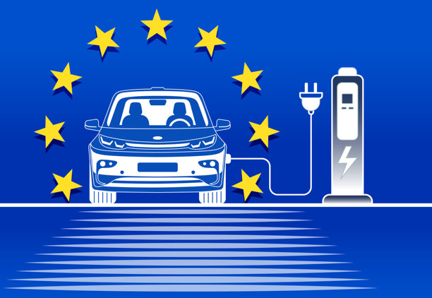 欧洲联盟旗帜的电动汽车在充电站的平面设计轮廓插画图片下载