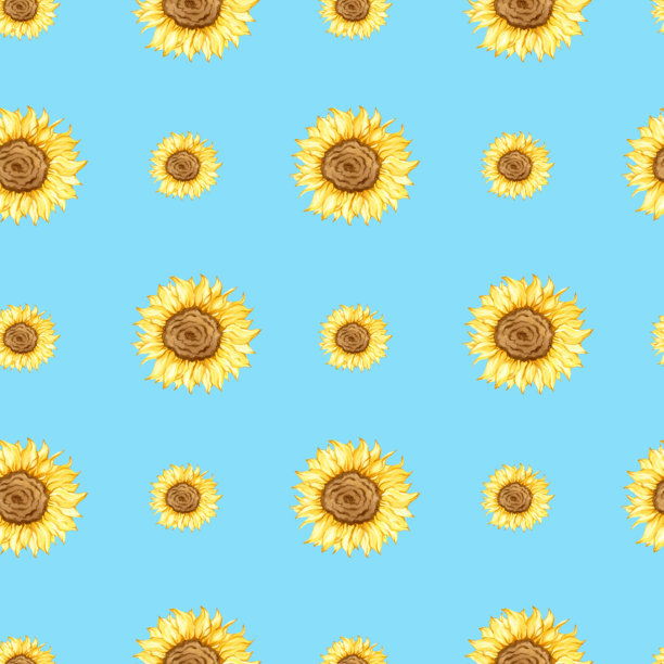 无缝图案背景。永无止境的背景模板。向日葵花头，盛开的植物。手绘水彩插画。植物艺术。包装纸、纺织品、织物、季节性室内装饰图片下载
