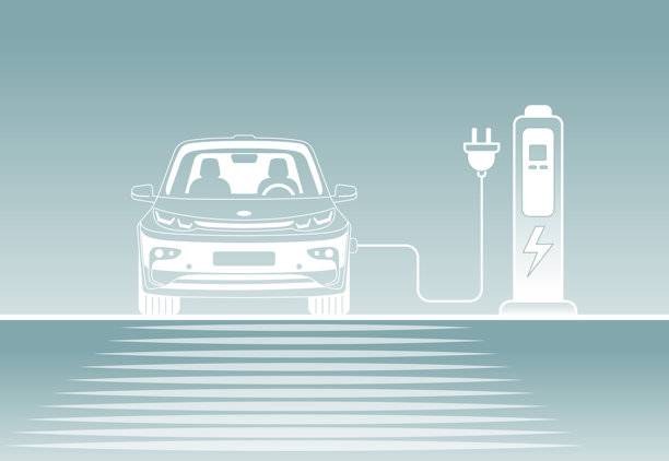 充电站的透明电动汽车，扁平化设计轮廓插画图片下载