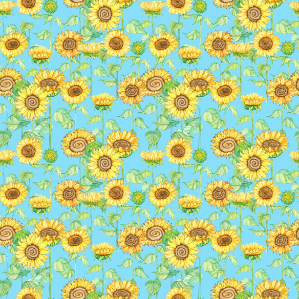 无缝图案背景。永无止境的背景模板。向日葵花头、叶子、盛开的植物。手绘水彩插画。夏季和秋季植物艺术。包装纸、纺织品、织物图片下载