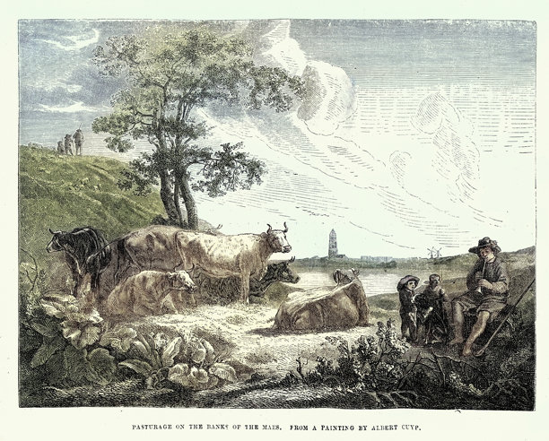 荷兰马斯河畔的牧场牛群，牧童吹奏着笛子，荷兰，艾尔伯特·库伊普风格，17世纪荷兰艺术图片下载