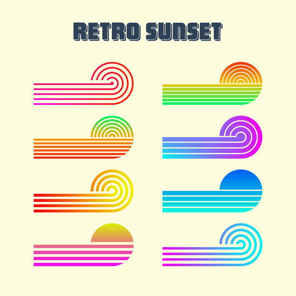 复古多彩的日落。80年代和90年代风格的渐变条纹日出徽章。日出和海景，夏日氛围，冲浪。适用于印刷品、标志或T恤的设计元素。矢量插画图片下载