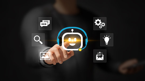 人工智能助手聊天机器人、自动化、创新、大数据、客户支持、分析和现代技术助力企业转型。商界人士在虚拟屏幕上触碰人工智能机器人。3D插画图片下载