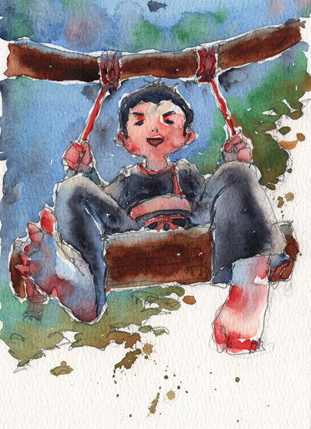 一套水彩插画，捕捉了一个快乐的苗族小男孩玩耍时的欢乐神情。图片下载