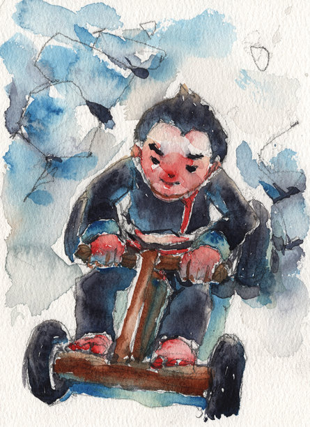 一套水彩插画，捕捉了一个快乐的苗族男孩玩耍时的快乐精神。图片下载