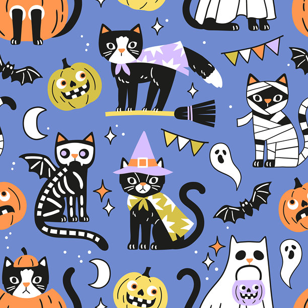 带有诡异万圣节黑猫的无缝矢量图案。手绘的恐怖万圣节南瓜和猫插画。非常适合用作壁纸或织物印花设计。EPS 10矢量文件。图片下载
