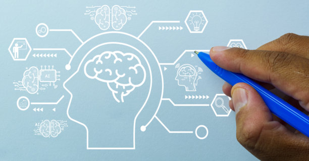 人工智能与创新概念：手绘头脑风暴思维导图，包含人工智能图标图片下载
