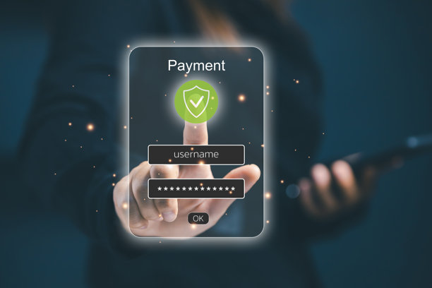 一个人用手指触摸虚拟屏幕上的安全支付登录表单。概念为在线交易安全、密码保护、数字银行和网络技术身份验证。图片下载