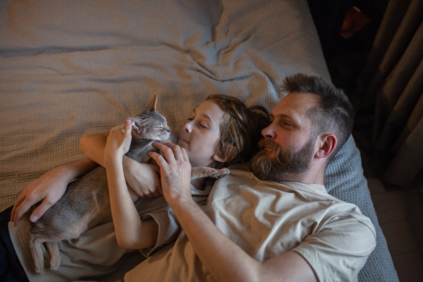 爸爸和孩子躺在床上拥抱阿比西尼亚蓝猫的生活方式照片。全家人在家享受与猫咪的时光。图片下载