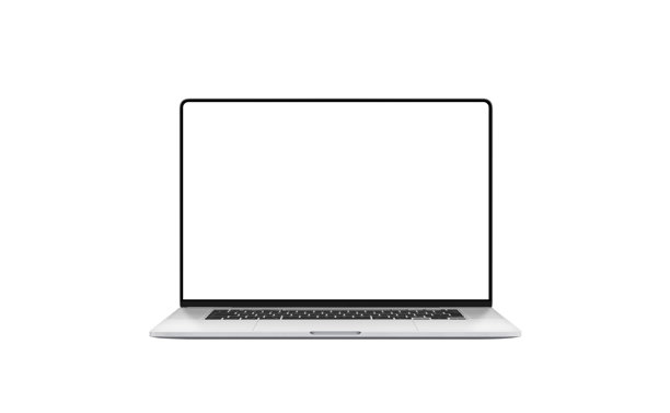 极简风格的桌面上放着一台打开的笔记本电脑，屏幕是空白的白色，非常适合用于商业演示、网页设计、数字营销或品牌形象的模拟概念图片下载