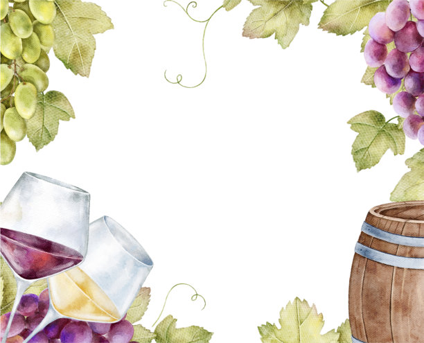 水彩画边框，角落装饰有绿色和紫色的葡萄串、酒桶、酒杯和藤叶。非常适合葡萄酒活动邀请函、菜单、厨房卡片、葡萄园标签、节日、品酒会图片下载