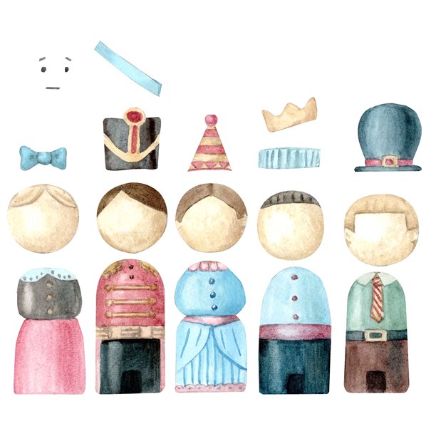 一套复古风格的儿童积木木偶，水彩画风，包括王子、公主、士兵、骠骑兵、女孩和男孩。这些玩偶绘制在白色的绝缘层上。图片下载