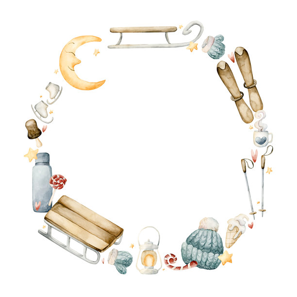 木制雪橇、滑雪板、冰鞋、冬季服装花环。水彩手绘插画，孤立在白色背景上。图片下载