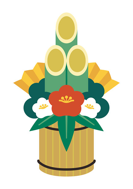 用红白花和金色扇子装饰的简易门松插画图片下载