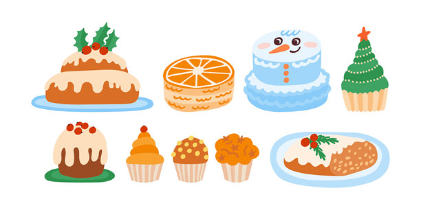 圣诞蛋糕集锦。节日蛋糕或可爱的冬季假日馅饼合集。包括节日布丁、圣诞便当蛋糕、杯子蛋糕、史多伦传统糕点。矢量插画集，孤立在白色背景上。图片下载