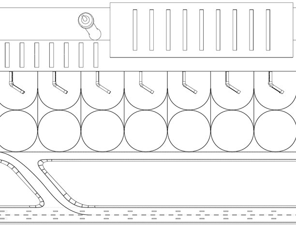 机场航站楼布局的矢量图，包含多个登机口，采用俯视视角，展示了跑道和飞机停放位置，适用于交通运输设计。图片下载