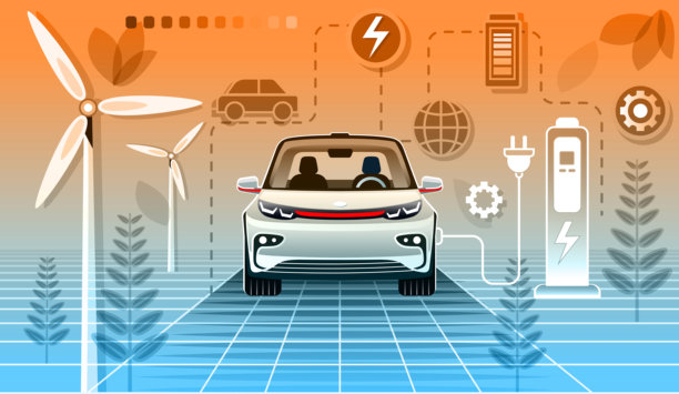 电动汽车在绿色自然环境中的充电站，带有风力涡轮机，扁平化设计轮廓插画图片下载