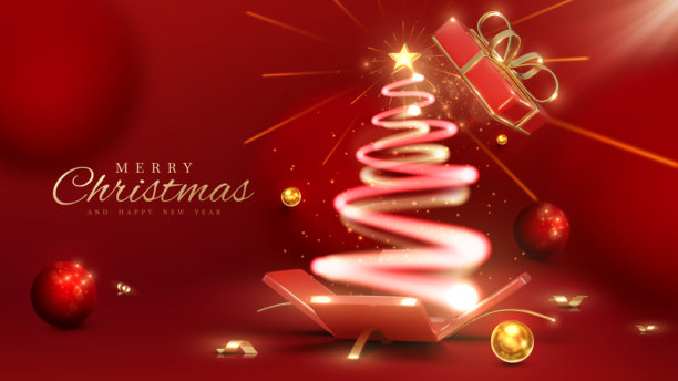 红色背景下，打开的礼品盒内有霓虹灯线条圣诞树，饰有金色丝带和装饰品。新年豪华节日横幅模板。图片下载