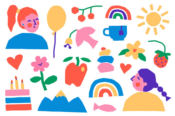 一套可爱的儿童涂鸦插画，包含彩虹、花朵和蛋糕。俏皮的手绘女性形象，明亮的元素，适合明信片和印刷品。图片下载