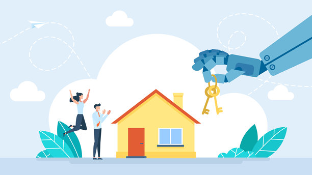 人工智能结合房屋钥匙。在房地产上投资。利用人工智能进行房屋租赁和销售。房屋贷款，房产抵押。机器人人工智能。扁平插画图片下载