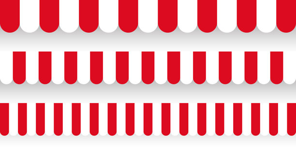 商店遮阳篷。逼真的条纹咖啡馆遮阳篷。户外市场帐篷。屋顶篷。夏季街边店铺。矢量插画图片下载