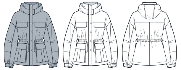 连帽派克大衣，高领，抽绳收腰，时尚技术插画。雨衣时尚平面技术图模板，带帽子、口袋，廓形，正面和背面视图，白色，灰色，女款，男款，中性款外套CAD模型套装。图片下载