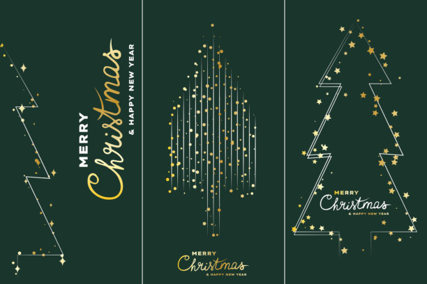 一套优雅的极简圣诞贺卡，深绿色背景上饰有金色几何圣诞树、星星和节日字体。图片下载
