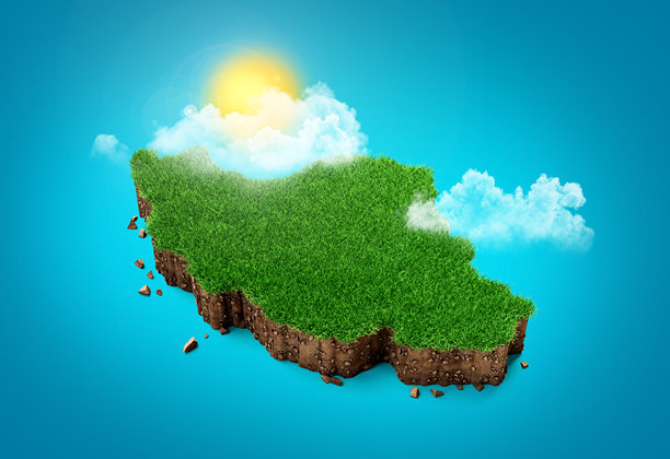 伊朗地图土壤地质剖面图，带有绿草和岩石地面纹理，3D插画图片下载