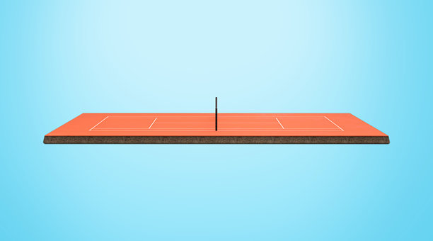 橙色粘土网球场，带有球网和标记边界的白色线条，3D插画图片下载