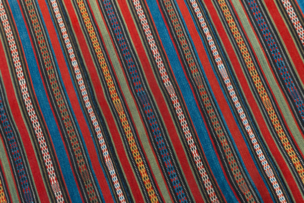 一张老式东方地毯织物的背景照片，上面有平行彩色线条图案图片下载