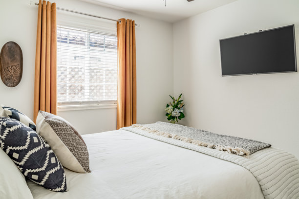 现代沙漠风格卧室内部。平板电视、床、装饰靠垫图片下载