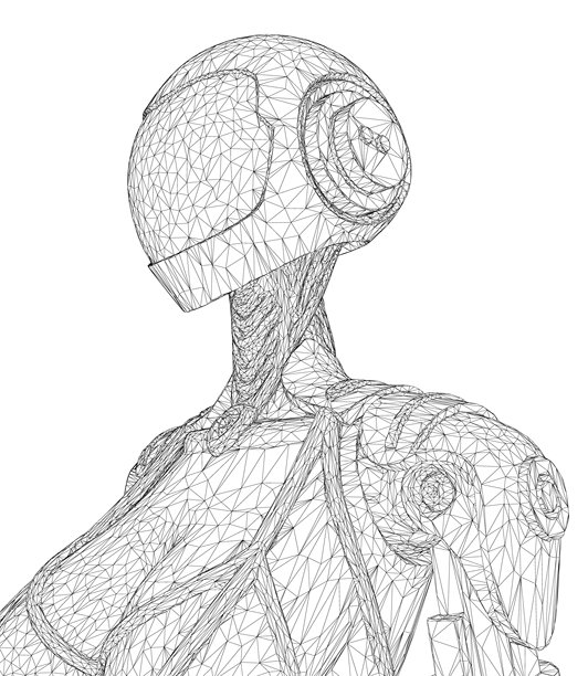 戴着头盔的机器人女孩线框模型，在白色背景前站立。这幅黑白插画展示了精细的3D网格结构。图片下载