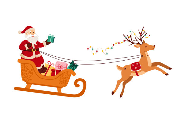 圣诞老人乘坐驯鹿拉的雪橇，里面装满了礼物。此为圣诞贺卡、明信片、海报、横幅、儿童印花的插画。图片下载