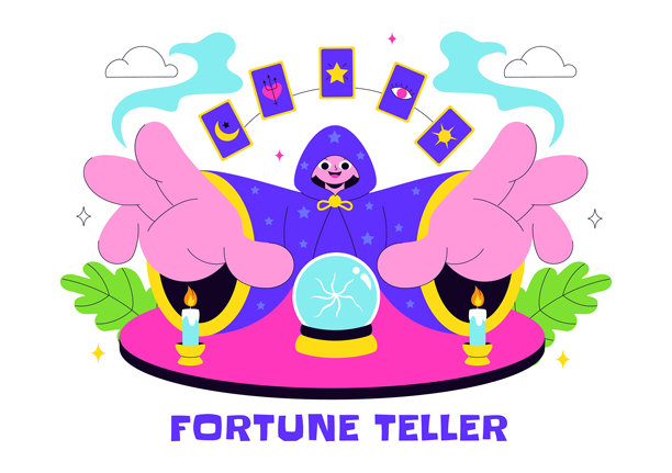 占卜师矢量插画，包含水晶球、魔法书和塔罗牌，用于在扁平背景上预测命运和占卜未来图片下载