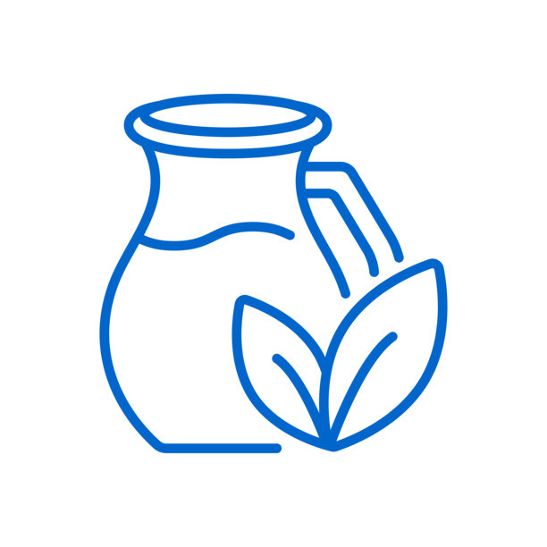 植物奶图标。代表素食饮品、非乳制品替代品和环保产品的叶子标志的奶罐细线插画。图片下载