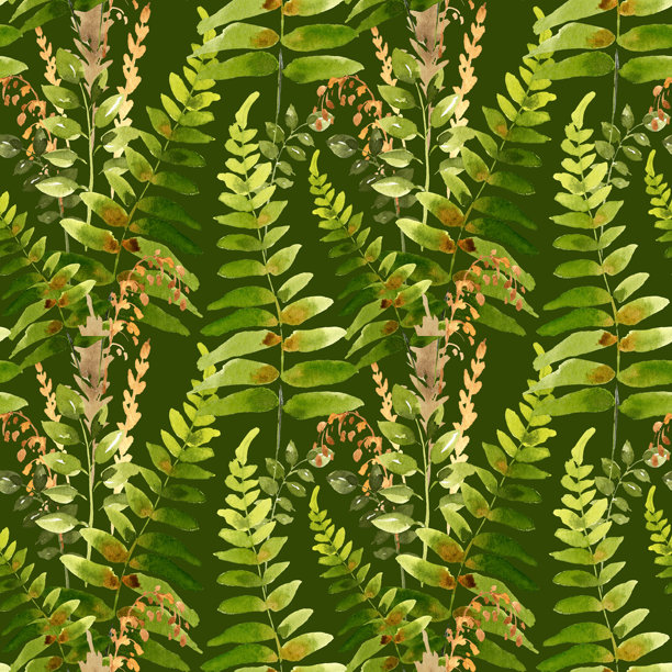 无缝图案，包含森林植物和草本，水彩风格，绿、棕、米色，草叶、蕨类，手绘草甸草本插画，深绿色，自然装饰、请柬模板图片下载