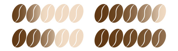 咖啡风味烘焙强度等级信息图，配有咖啡豆插画矢量图，咖啡馆能量机、研磨机、粉末程度指示器、测量，俯视图标，浓缩咖啡，棕色背景，香气，浅色，深色。图片下载