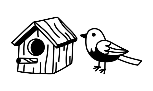 黑白插画，描绘了一只鸟和一个鸟屋。一个扁平的涂鸦，是孤立的物体。春天入住新家。非常适合与自然、园艺和动物福利相关的项目。图片下载