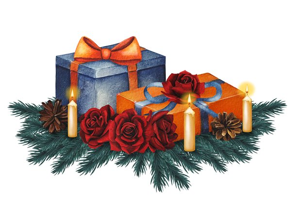 手绘蓝橙色圣诞礼物，搭配杉树枝、红玫瑰和蜡烛。水彩插画。图片下载